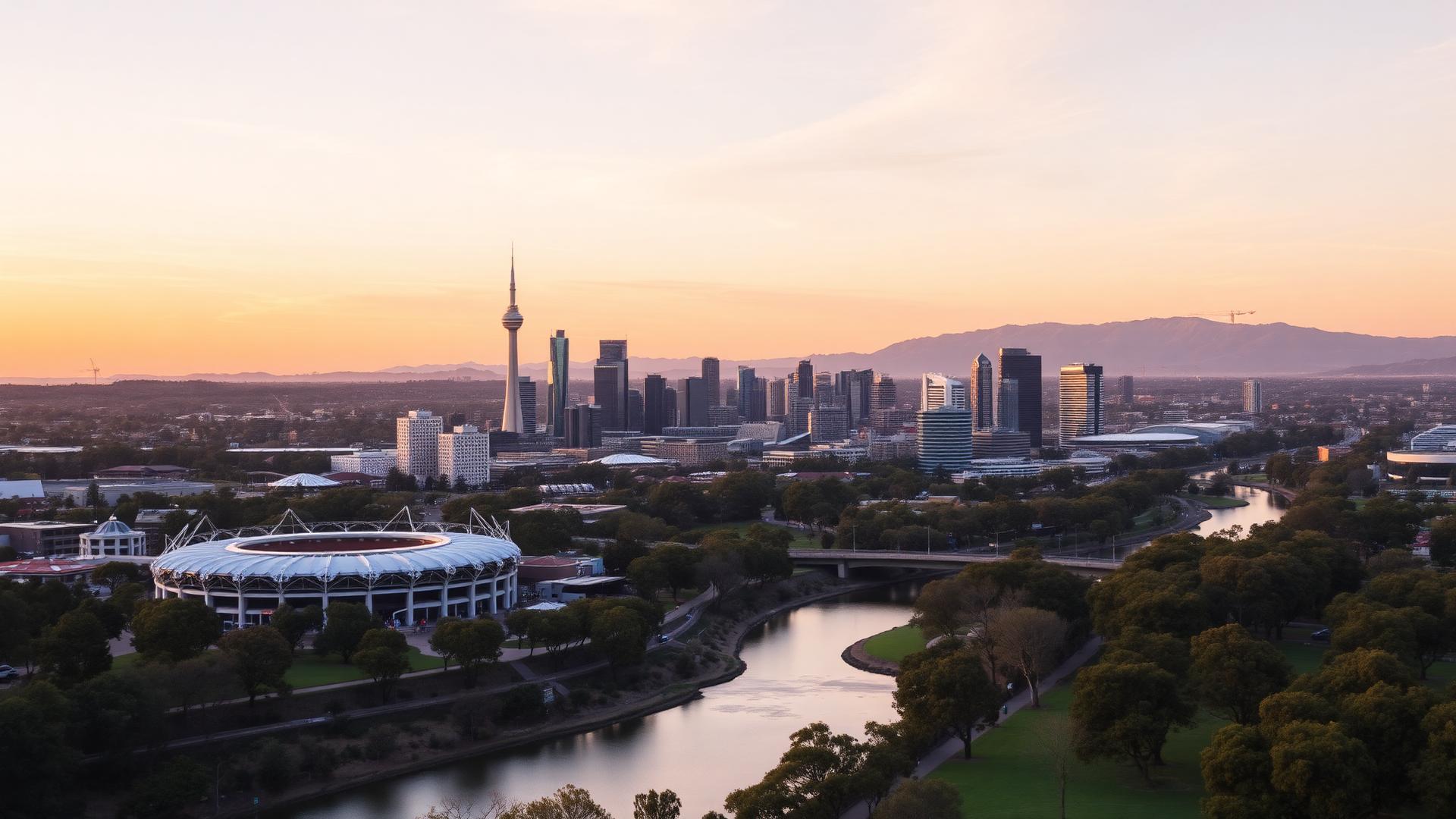 Adelaide skyline at golden hour with Adelaide Oval, River Torrens and the Mount Lofty Ranges — ISO certification in Adelaide support area
