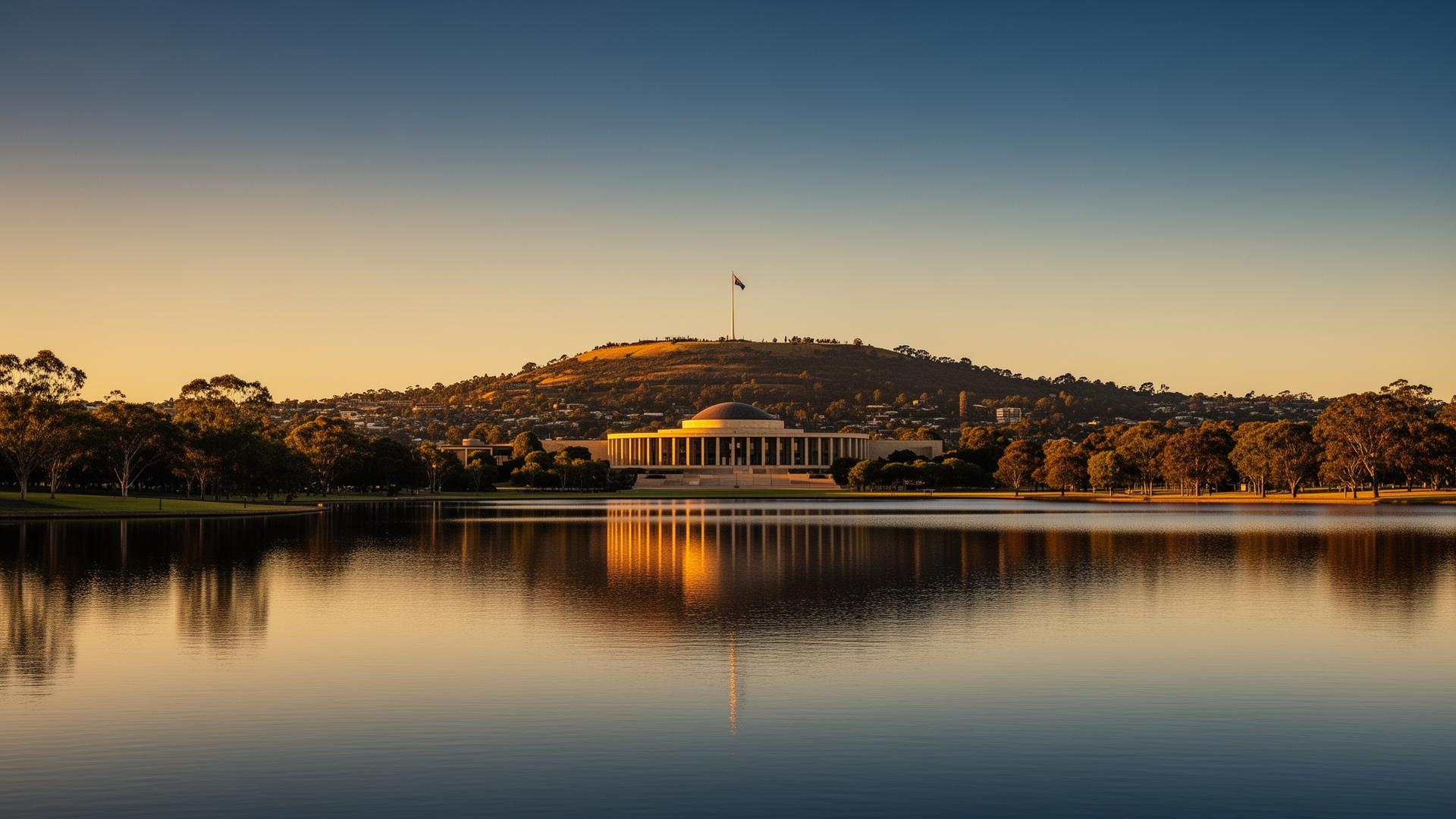 Canberra skyline across Lake Burley Griffin towards Parliament House on Capital Hill — ISO certification in Canberra support area