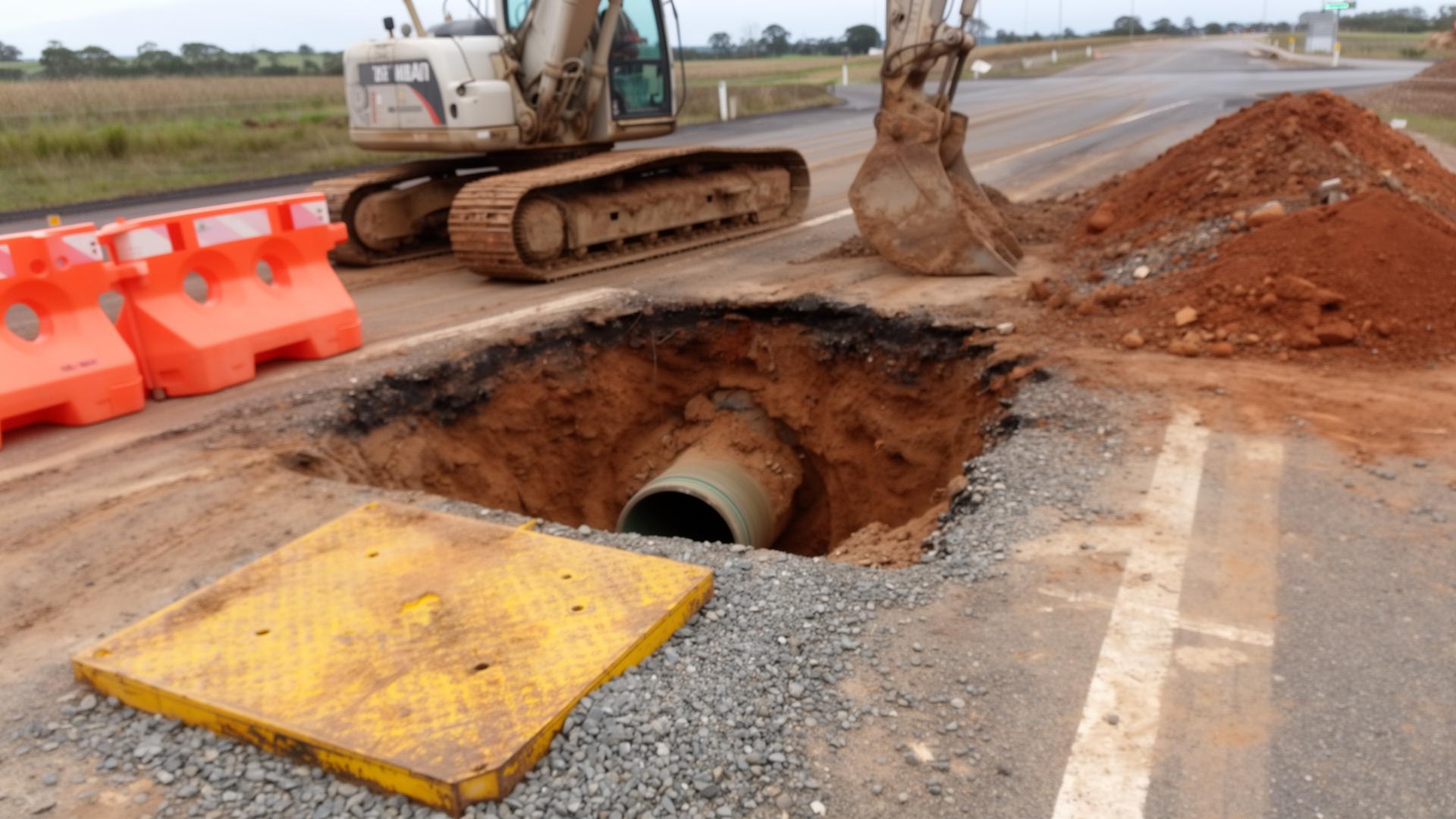 Excavator and open trench on an Australian regional road job — ISO 45001 certification for civil and infrastructure contractors