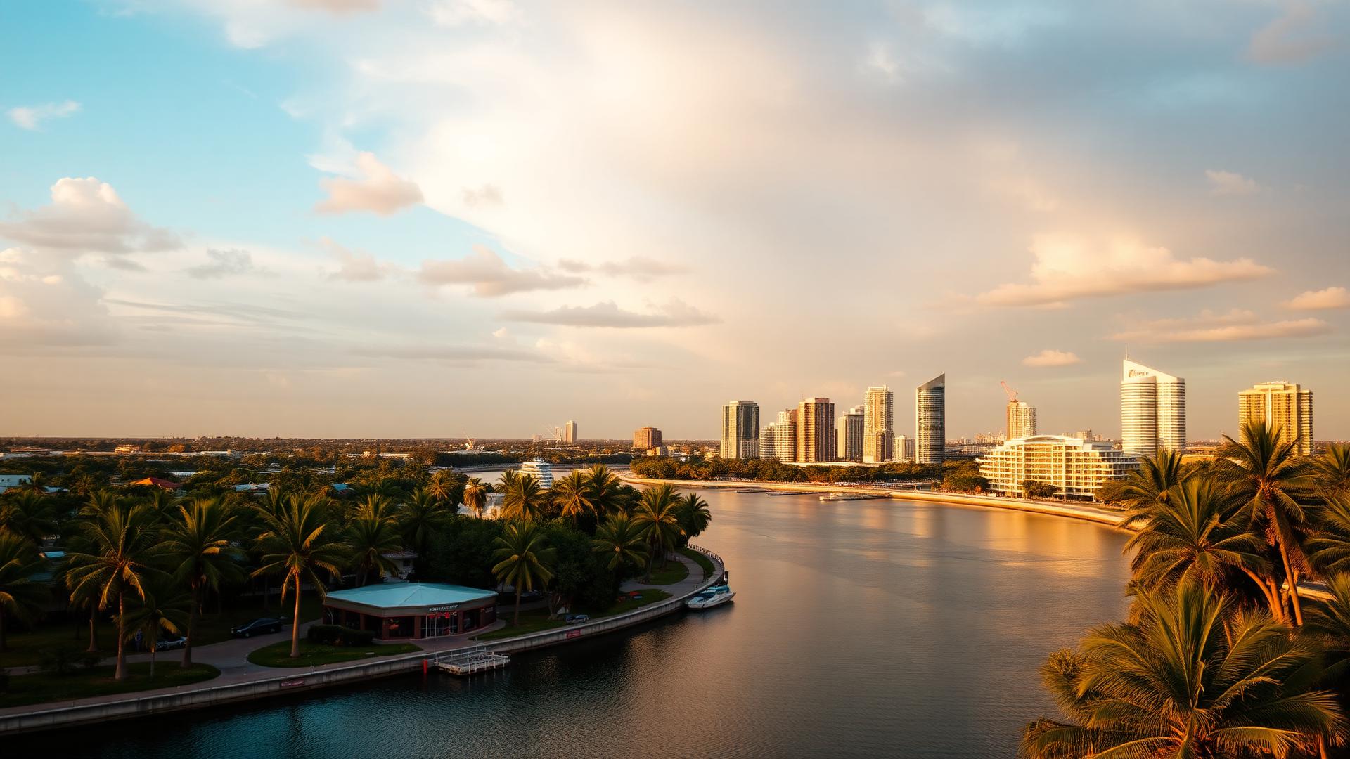 Darwin Harbour and CBD skyline at golden hour with tropical waterfront and palms — ISO certification in Darwin support area