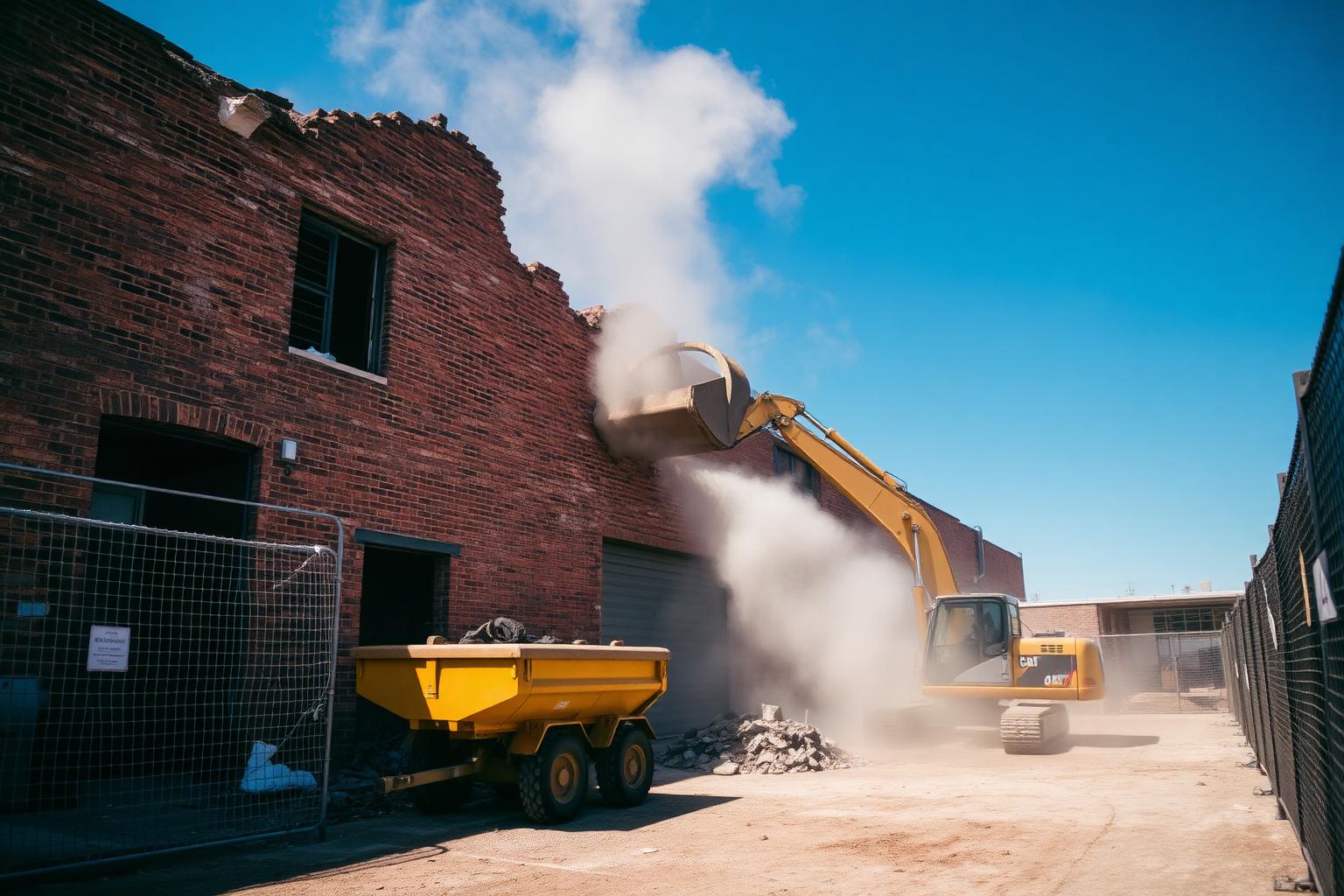Excavator pulverising a brick warehouse with dust suppression and exclusion fencing on an Australian demolition site — ISO 45001 certification for demolition contractors