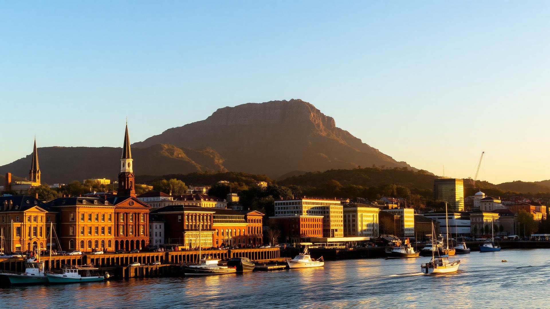 Hobart waterfront at golden hour with Salamanca buildings and kunanyi / Mount Wellington — ISO certification in Hobart support area