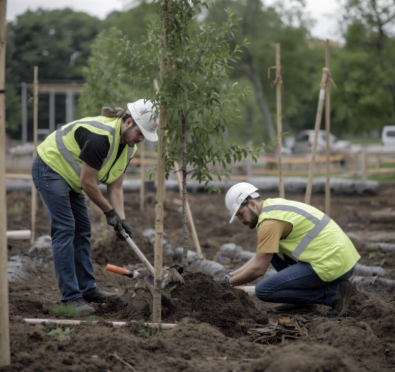 Workers in high-visibility gear planting trees as part of ISO 14001 environmental rehabilitation program