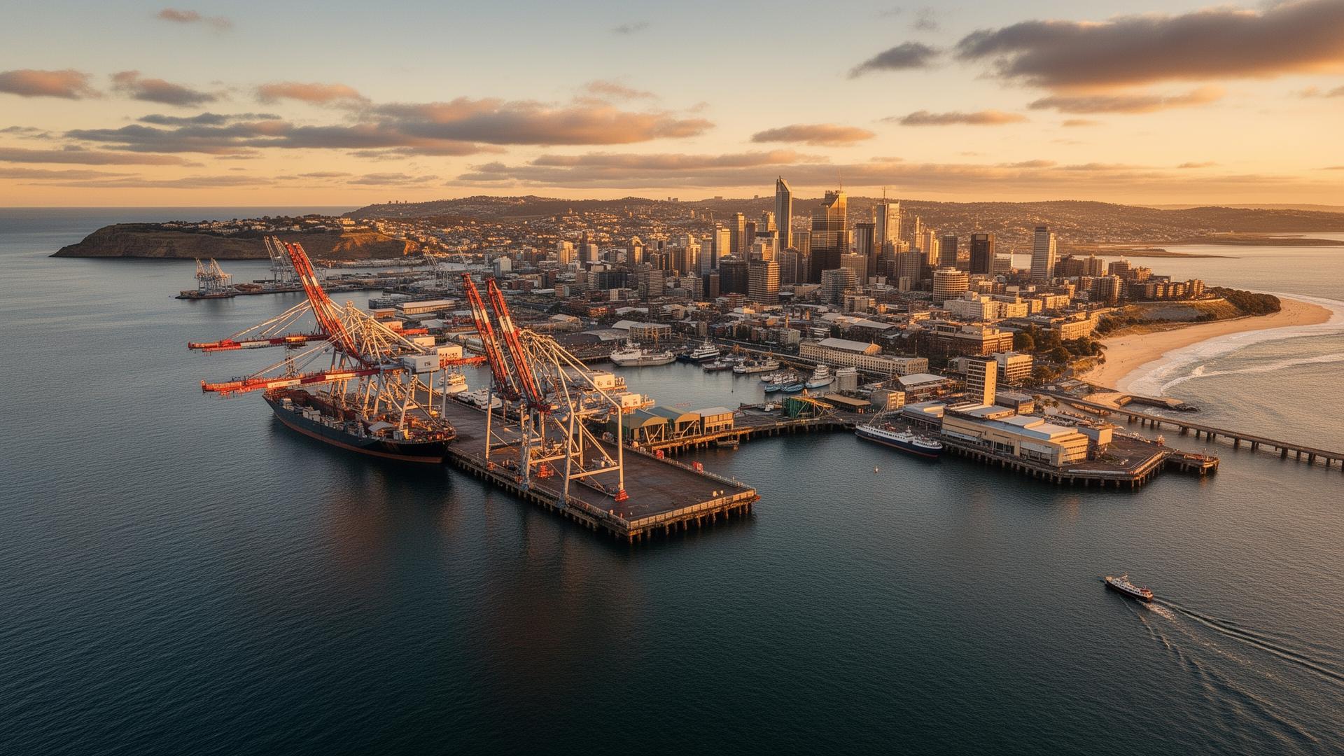 Aerial view of Newcastle harbour and coastline with the port and city skyline — ISO certification in Newcastle support area