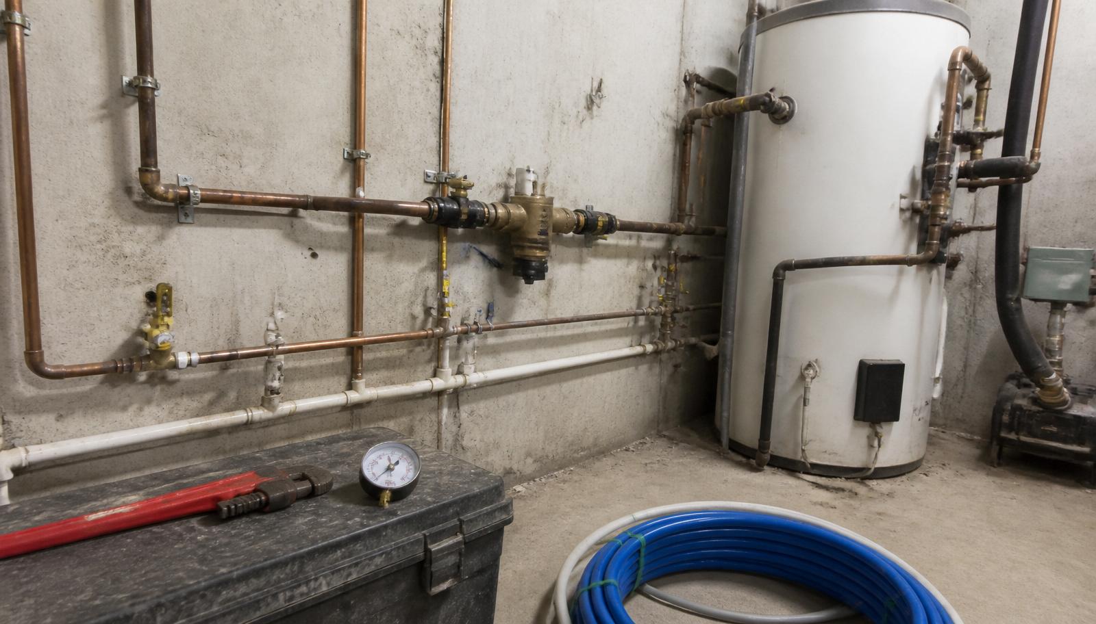 Commercial plant room with copper pipework, backflow prevention device, brass valves and a hot water unit on an Australian site — ISO 45001 certification for plumbing and hydraulic contractors