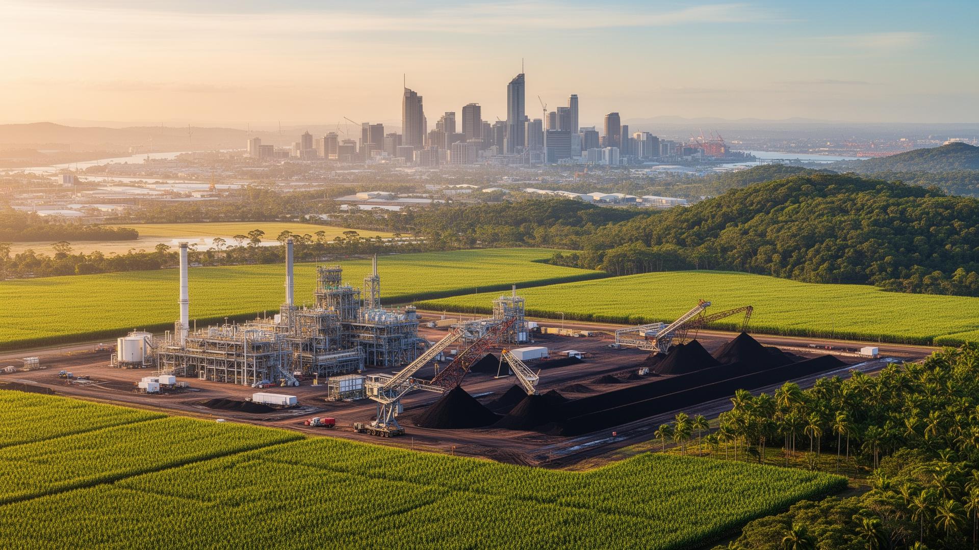 Aerial view of Queensland coast with Brisbane skyline and Gladstone LNG infrastructure — ISO certification in Queensland support area