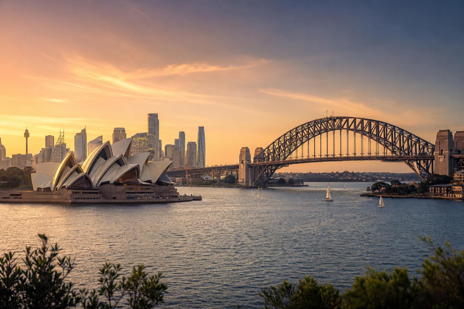 Sydney Harbour Bridge and Opera House at sunset — ISO certification in Sydney support area