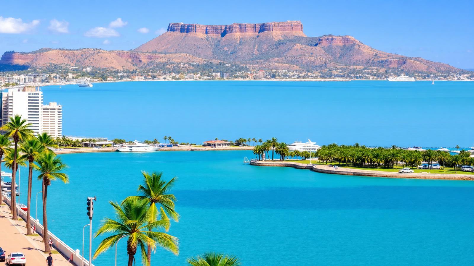 Townsville waterfront across Cleveland Bay with Castle Hill and The Strand — ISO certification in Townsville support area